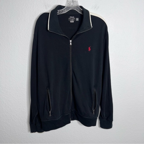 Polo Ralph Lauren Sweater Men Large Jacket Black Zip Up White Stripe B1 - Picture 1 of 6